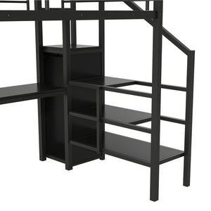 English Elm Full Size Metal Loft Bed With Desk, Storage Staircase, Wardrobe & Led Light - Space-Saving Design GX000620AAD