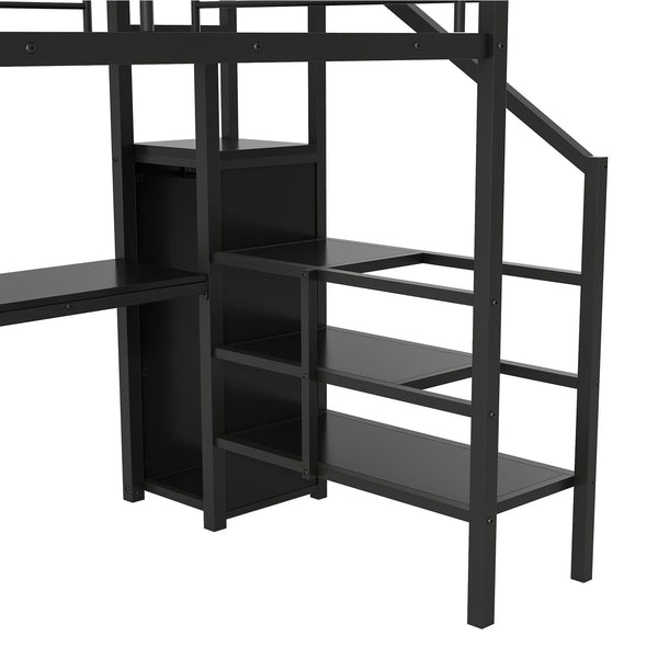 English Elm Full Size Metal Loft Bed With Desk, Storage Staircase, Wardrobe & Led Light - Space-Saving Design GX000620AAD