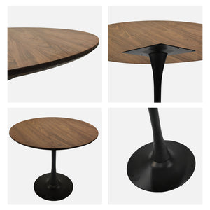 English Elm 31.5" Walnut Tulip Dining Table - Mid-Century Round MDF Top with Black Pedestal Base, Seats 2-4 W3732P357719