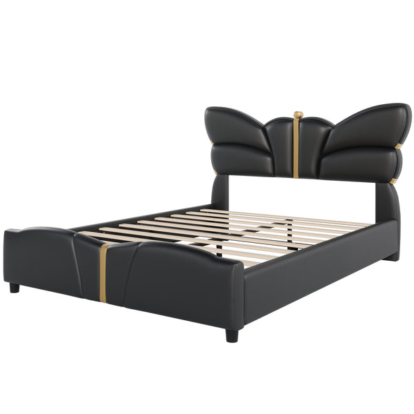 English Elm Christopher Knight Home® - Queen Plush Leather Upholstered Bed Frame with Wingback Headboard, Wavy Footboard, Quiet Support Black 82 L x 10 W x 3.25 H N761S0000019B