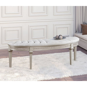 English Elm Curved Demilune Fabric Bench with Ivory Channeled Tufting and Silver Oak Tapered Legs — Elegant Accent Seat B016P369978