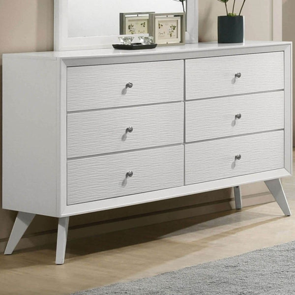 English Elm Contemporary Solid Wood White Dresser with Wave Fronts Bronze Knobs and Angled Legs B2741P470089