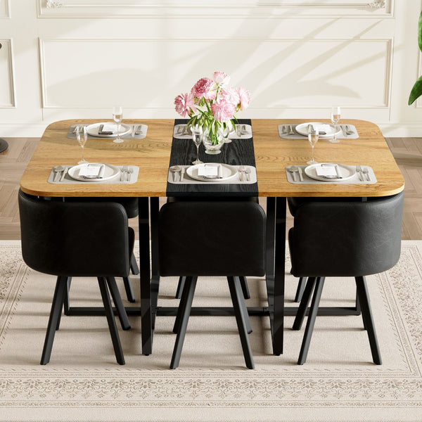 English Elm 7-piece Rectangular Dining Set Two-tone Triamine Top with Oil-waxed Leather Chairs W3875S00124