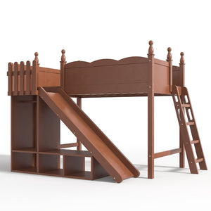 English Elm Twin Loft Bed Solid Pine Frame with Wardrobe Shelving Detachable Slide Kids Room Antique Natural W5305S00020