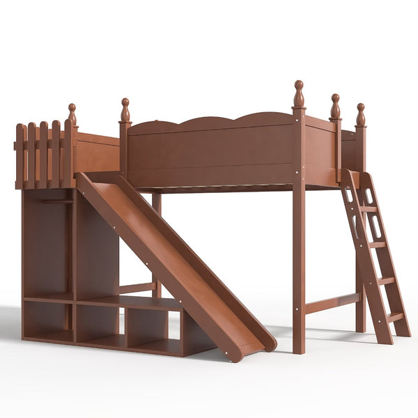 English Elm Twin Loft Bed Solid Pine Frame with Wardrobe Shelving Detachable Slide Kids Room Antique Natural W5305S00020