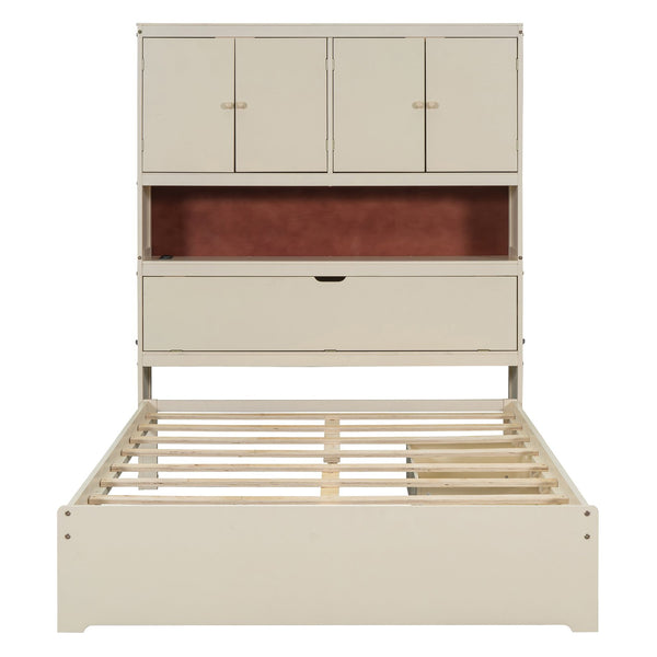 English Elm Full Size Wooden Platform Bed With Usb Charging, Storage Headboard & Elegant Drawers In Cream N820S00045K