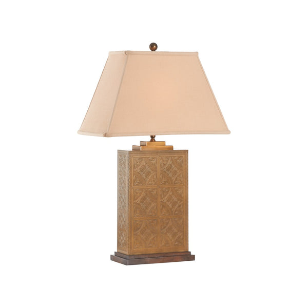 Wildwood Tea Brass Tea Box Lamp With Linen Shade, Antique Patina, Laser-Etched Leaf Motif, 30" Tall Accent Light 16096