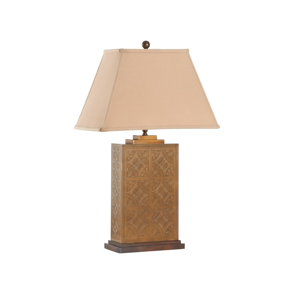 Wildwood Tea Brass Tea Box Lamp With Linen Shade, Antique Patina, Laser-Etched Leaf Motif, 30" Tall Accent Light 16096
