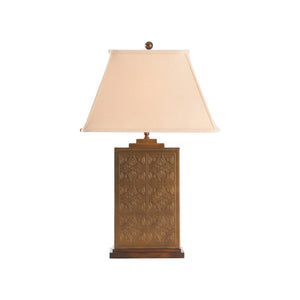 Wildwood Tea Brass Tea Box Lamp With Linen Shade, Antique Patina, Laser-Etched Leaf Motif, 30" Tall Accent Light 16096
