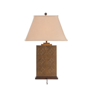 Wildwood Tea Brass Tea Box Lamp With Linen Shade, Antique Patina, Laser-Etched Leaf Motif, 30" Tall Accent Light 16096