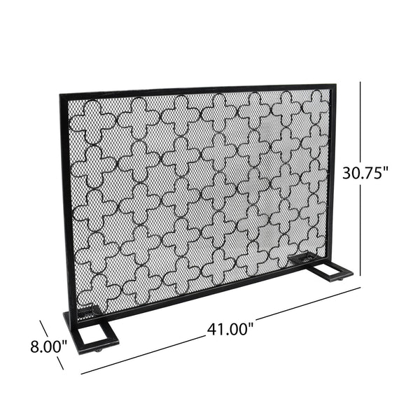 English Elm Christopher Knight Home® - FIRE Modern Single Panel Iron Fireplace Screen Black Brushed Silver – Clover Trellis Mesh Guard, 43x32 65180.00BBSILV