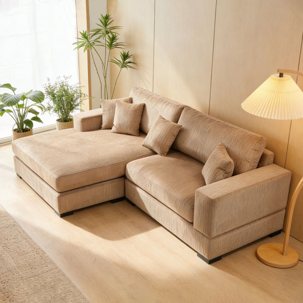 English Elm Mid Century Modern 3 Seater Sectional Sofa with Reversible Chaise and Accent Pillows Brown W876S00348
