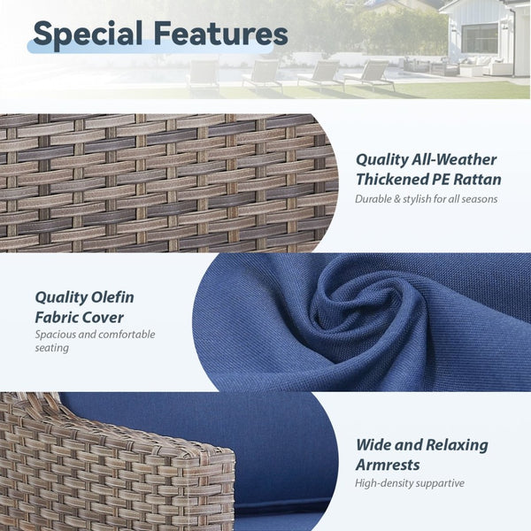 English Elm 73.2" Outdoor Handwoven Rattan 3 Seat Sofa with Olefin Cushions for Porch or Patio Blue T3773P416338