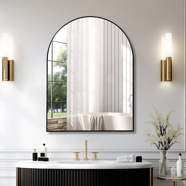 English Elm 30x40 Arched Bathroom Mirror with Anti-Rust Metal Frame, Shatterproof 4mm HD Glass & Easy Mounting Black W2203P310332