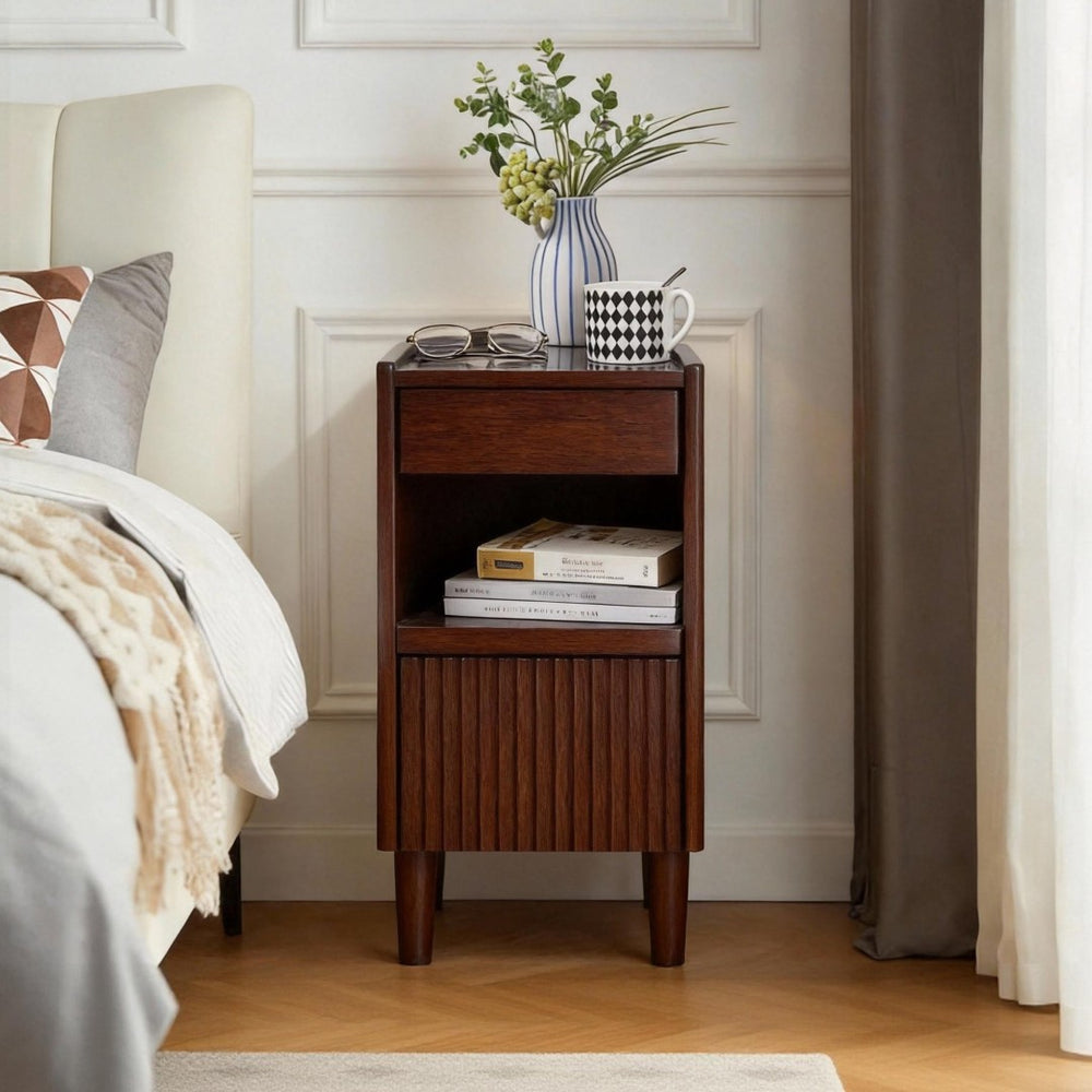 English Elm Wooden Rubber Solid Nightstand with Drawer Open Shelf Tapered Legs Small Space Bedroom W5368P460430