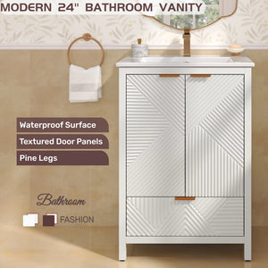English Elm Christopher Knight Home® - 24 24-Inch Bathroom Vanity with Ceramic Sink, Textured Panels, Soft-Close Drawer & Large Storage White N817P339017K