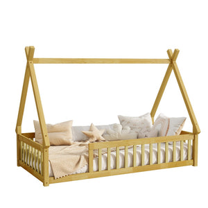 English Elm Twin Tent-Shaped Floor Bed With Guardrails – Cozy Teepee Design For Safe, Imaginative Sleep Space W504P345777-GIGA