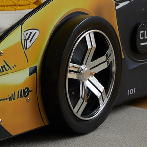 English Elm Cool Cartoon Car Bed with LED Headlights, Black & Yellow Racing Dog Design, Safe Rounded Rails, Sturdy MDF Frame for Kids W2237S00018