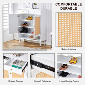 English Elm Modern white storage cabinet with vine rattan design, MDF shoe & bedside organizer, quick assembly, sleek decor W1151P151509