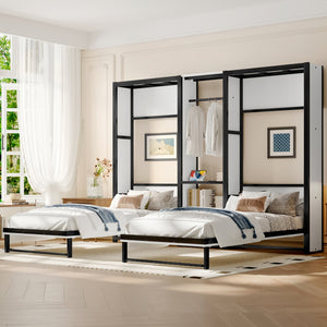 English Elm Twin Twin Murphy Bed with Metal Frame, Foldable 2-in-1 Space-Saving Design, Built-In Wardrobe, Shelves, Power Outlets and Durable Storage Solution Off White W1580S00147