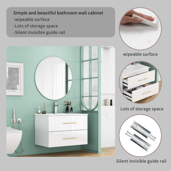 English Elm 30-Inch Sleek Wall-Mounted Bathroom Vanity With Integrated Sink, Double Drawers & Easy Installation W3151S00053
