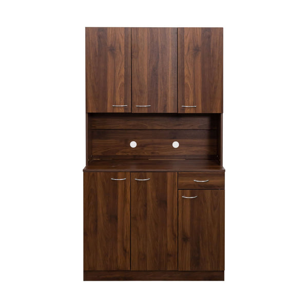 English Elm 70.87" Melamine Wardrobe & Kitchen Cabinet, 6-Door Storage with Drawer & Open Shelf, Walnut Finish, Durable Sturdy Design W331S00172