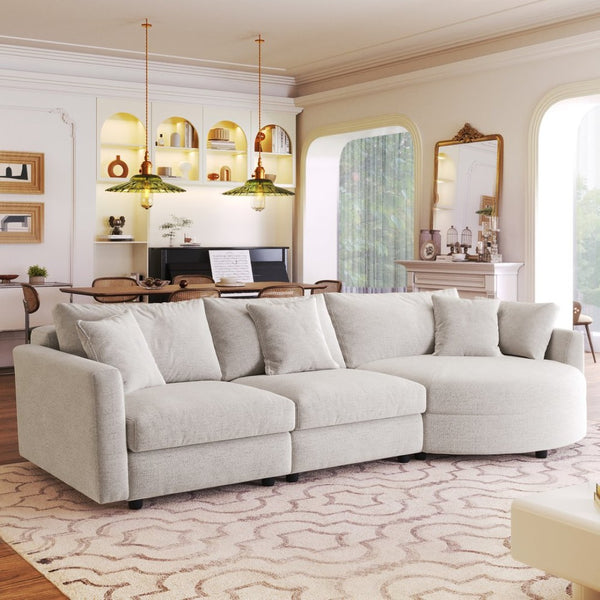 English Elm U_style Chenille Sectional Sofa with Curved Chaise Pine Frame and Three Accent Pillows Beige WY000461AAA