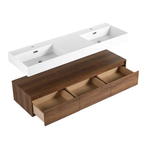 English Elm 60 Inch Wall-Mounted Bathroom Vanity With Dual Resin Sinks, Soft-Close Drawers & Modern Elegance W999S00259