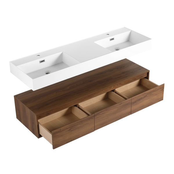 English Elm 60 Inch Wall-Mounted Bathroom Vanity With Dual Resin Sinks, Soft-Close Drawers & Modern Elegance W999S00259