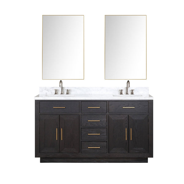 English Elm Black Oak Double Bath Vanity With Carrara Marble Top, Chrome Faucets & 28" Mirrors - Ready To Install! B2731S02172