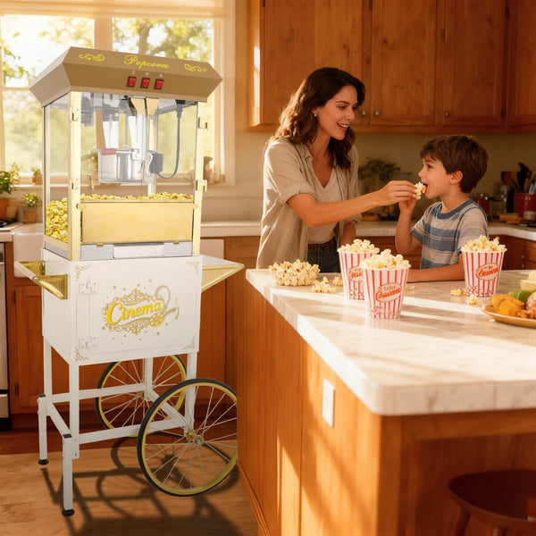 English Elm 16oz Commercial Popcorn Machine with Steel Cart Tempered Glass and 3 Switch Panel Golden White W2841P337589