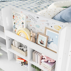 English Elm Full Bunk Bed with Trundle Bookshelf Storage Pine Frame Car Design for Kids W1580S00397