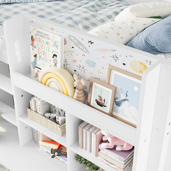 English Elm Full Bunk Bed with Trundle Bookshelf Storage Pine Frame Car Design for Kids W1580S00397