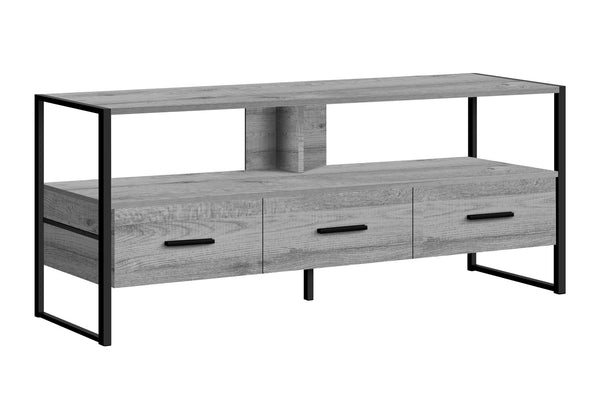 English Elm Tv 48 Inch Console Media Center with Three Glide Drawers, Black Metal Frame, Open Shelves for Cable Management Grey 51 L x 19 W x 7 H B2710P219093