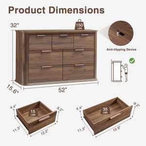 English Elm Fluted Wave Panel 7 Drawer Mdf Dresser Modern Bedroom Storage with Tv Stand Top Walnut T5326P425096