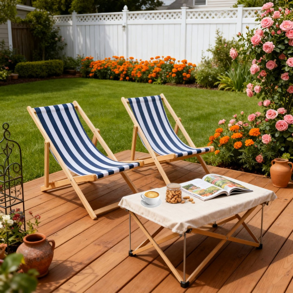 English Elm Populus Wood Sling Folding Chaise Lounge Set of Two for Outdoor Poolside Patio W2297P419341