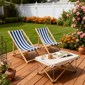 English Elm Populus Wood Sling Folding Chaise Lounge Set of Two for Outdoor Poolside Patio W2297P419341
