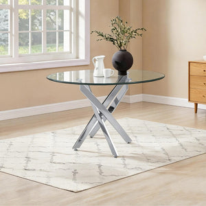 English Elm Modern Round Tempered Glass Dining Table with Glam Gold Iron Base for Compact Spaces Silver W3590S00008
