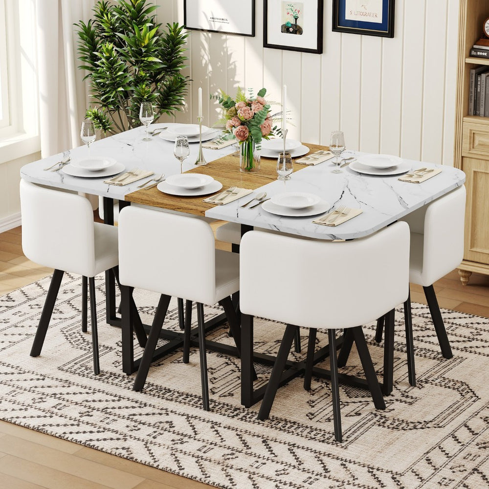 English Elm 7-piece Melamine Dining Set with Pu Cushioned Chairs and Iron Frame for Small Spaces W3875S00122