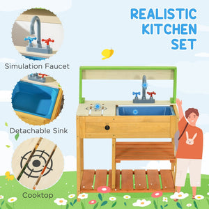 English Elm Outsunny Solid Fir Wood Kids Outdoor Mud Kitchen Playset with Sink Faucet Shelves W2225P200780
