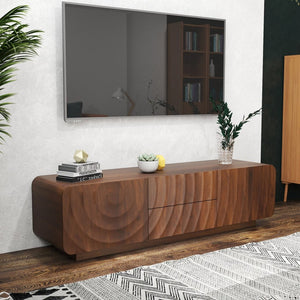 English Elm 58''tv Console Sculpted Spiral Wave Relief Walnut Mid-century Media Stand with Storage Walnut Brown W2263P412380