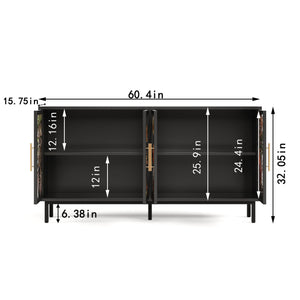 English Elm 60.3 Decorative Cabinet with Stained Glass Doors, Black Metal Frame Buffet for Entry Living Dining W2263P373331