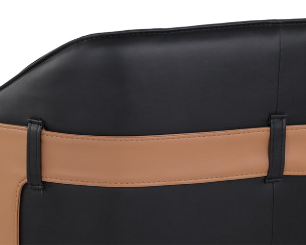 Sunpan Carter Barrel Back Dining Armchair in Faux Leather with Stylish Copper Foot Caps and Steel Legs Napa Black / Napa Cognac