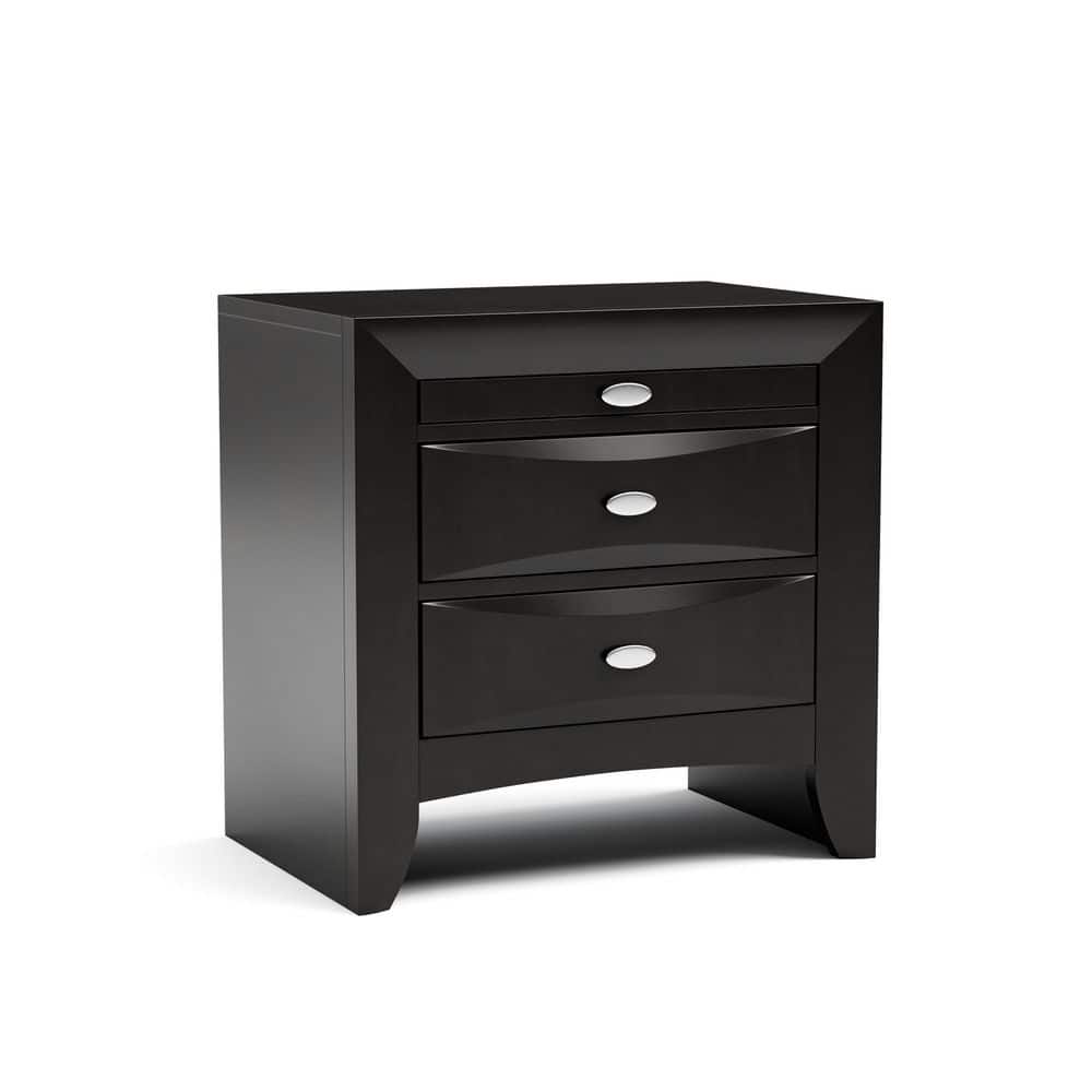 English Elm Black Nightstand with 2 Drawers and Oval Knob Pulls — Solid Wood Transitional Bedside Table, 25.5"W x 17"D x 25.5"H B2741P357509
