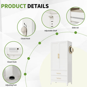 English Elm White Steel Freestanding Wardrobe Cabinet with Rod and Shelves for Dorm or Apartment T2398P480393
