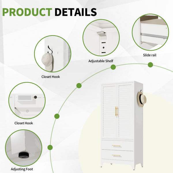 English Elm White Steel Freestanding Wardrobe Cabinet with Rod and Shelves for Dorm or Apartment T2398P480393
