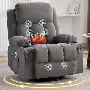 English Elm Swivel Rocker Recliner with Massage Heat and Usb Port for Living Room Comfort W1521P429639