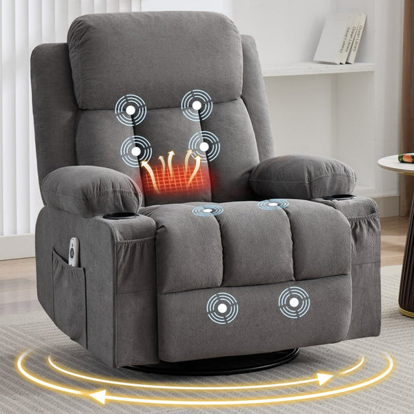 English Elm Swivel Rocker Recliner with Massage Heat and Usb Port for Living Room Comfort W1521P429639
