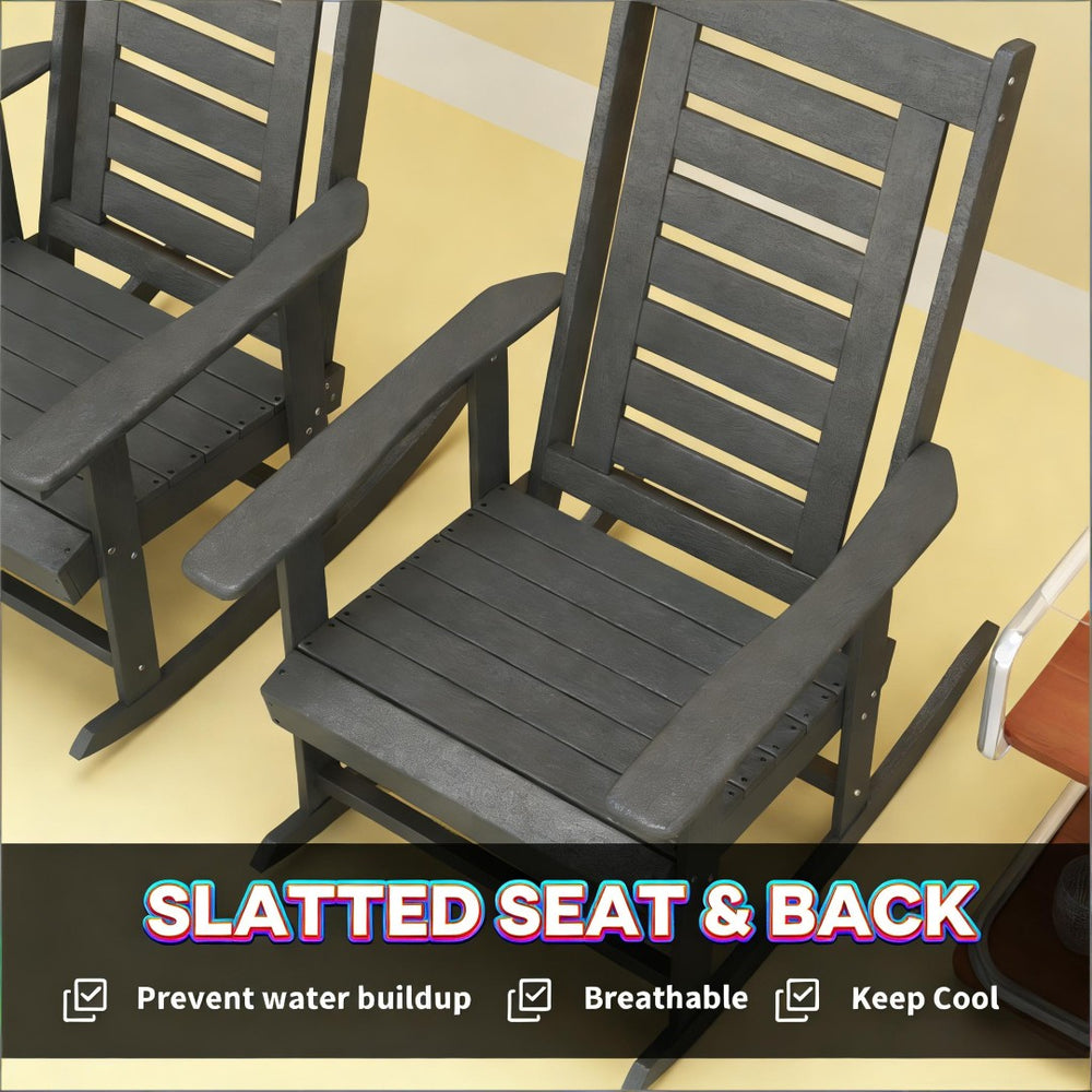 English Elm Black Hdpe Slatted High Back Rocking Chair Set for Porch Patio Deck Outdoor Use Dark Gray T3971P444244