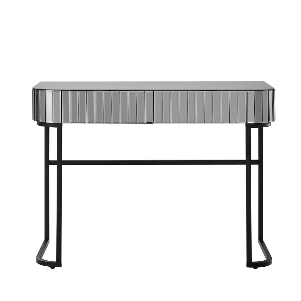 English Elm 39" Mirrored Vanity Table with Stainless Steel Base, 2 Drawers, Tempered Glass Top, 250lb Capacity, Gray Glam Desk N704P171796B